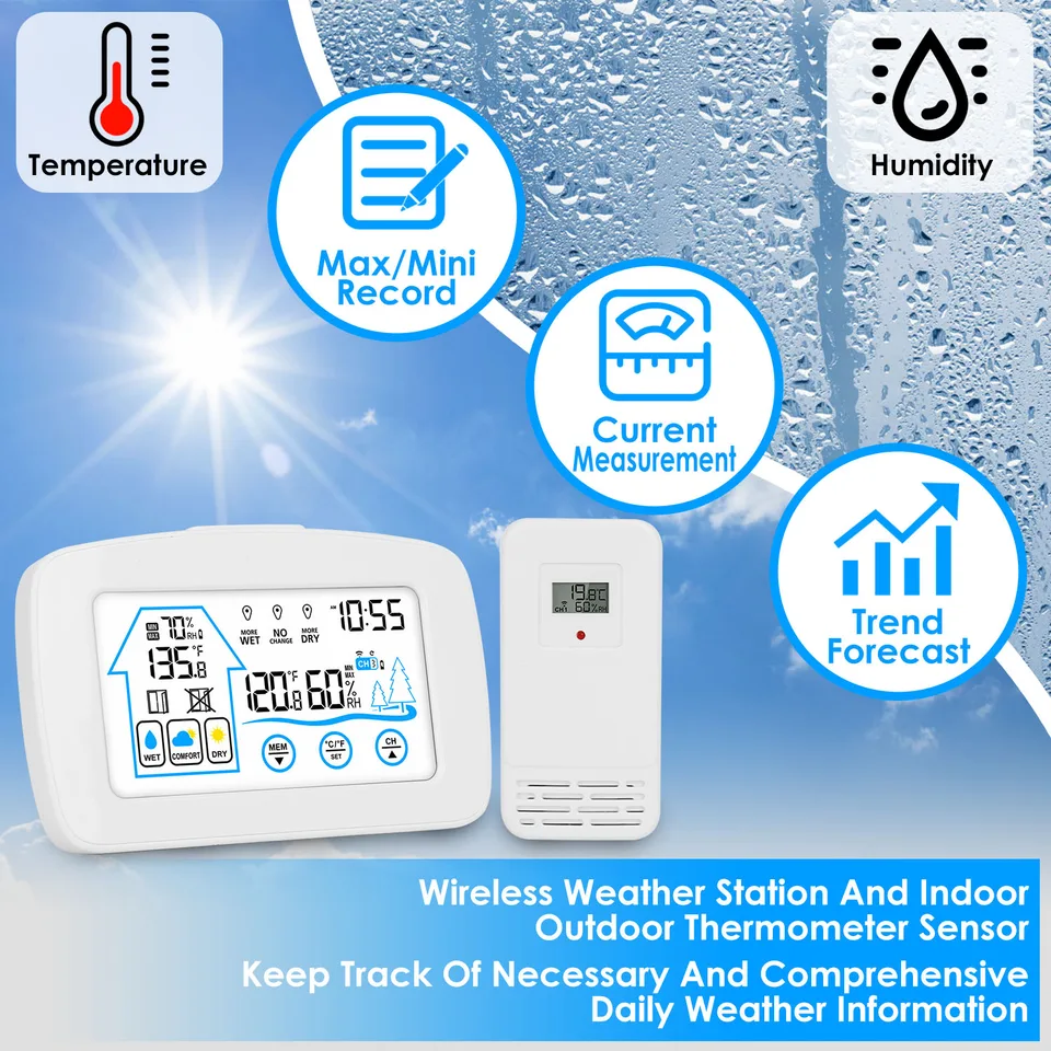 1 Pc Wireless Weather Station With Clock 196FT Range Indoor Outdoor Thermometer Sensor Temperature And Humidity Monitor Humidity Forecast view 3