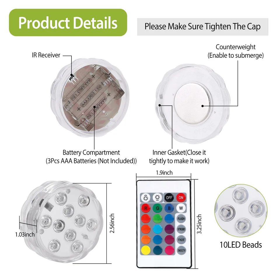 4 Pcs RGB Swimming Pool Lights With Remote Control IP68 Waterproof Battery Operated Submersible 16 Modes For Pond Bathtub Hot Tub Party view 2