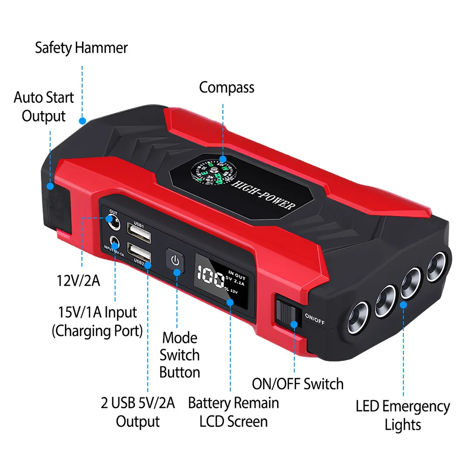 Ansicht 14 von Car Jump Starter Booster 800A Peak 28000m Ah 12V Battery Charger Up To 6.0L Gas Or 3.0L Diesel Engine With LCD Screen 4 Modes LED Flashlight