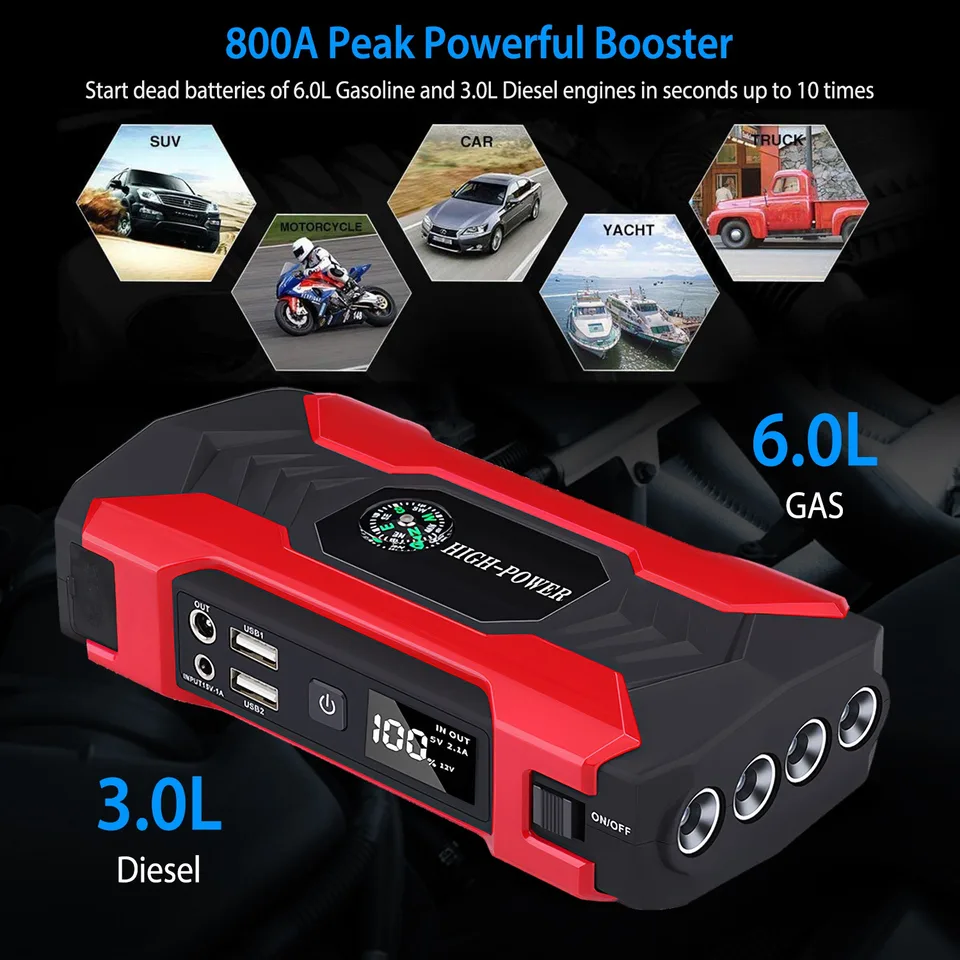 Car Jump Starter Booster 800A Peak 28000m Ah 12V Battery Charger Up To 6.0L Gas Or 3.0L Diesel Engine With LCD Screen 4 Modes LED Flashlight view 4
