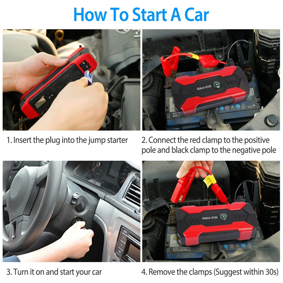 Car Jump Starter Booster 800A Peak 28000m Ah 12V Battery Charger Up To 6.0L Gas Or 3.0L Diesel Engine With LCD Screen 4 Modes LED Flashlight view 3