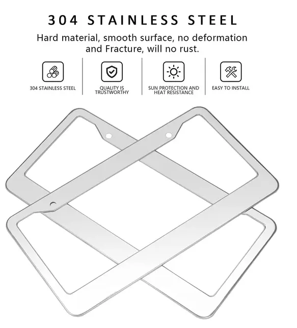 2PCS Chrome Stainless Steel Metal License Plate Frame Tag Cover With Screw Caps view 3