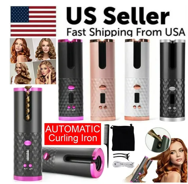 Hair Curler LCD Cordless Auto Rotating Waver Curling Iron Ceramic Wireless USA view 2
