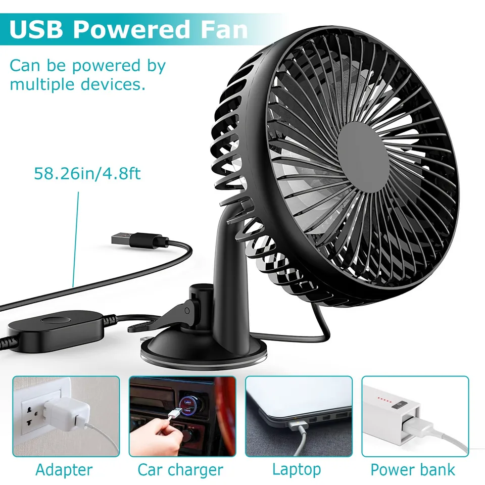 1Pc Car Cooling Fan Portable Rotatable USB Vehicle Fan Backseat Clip Fan Dashboard Window Suction Fan For SUV RV Pickup With 3 Speeds view 4