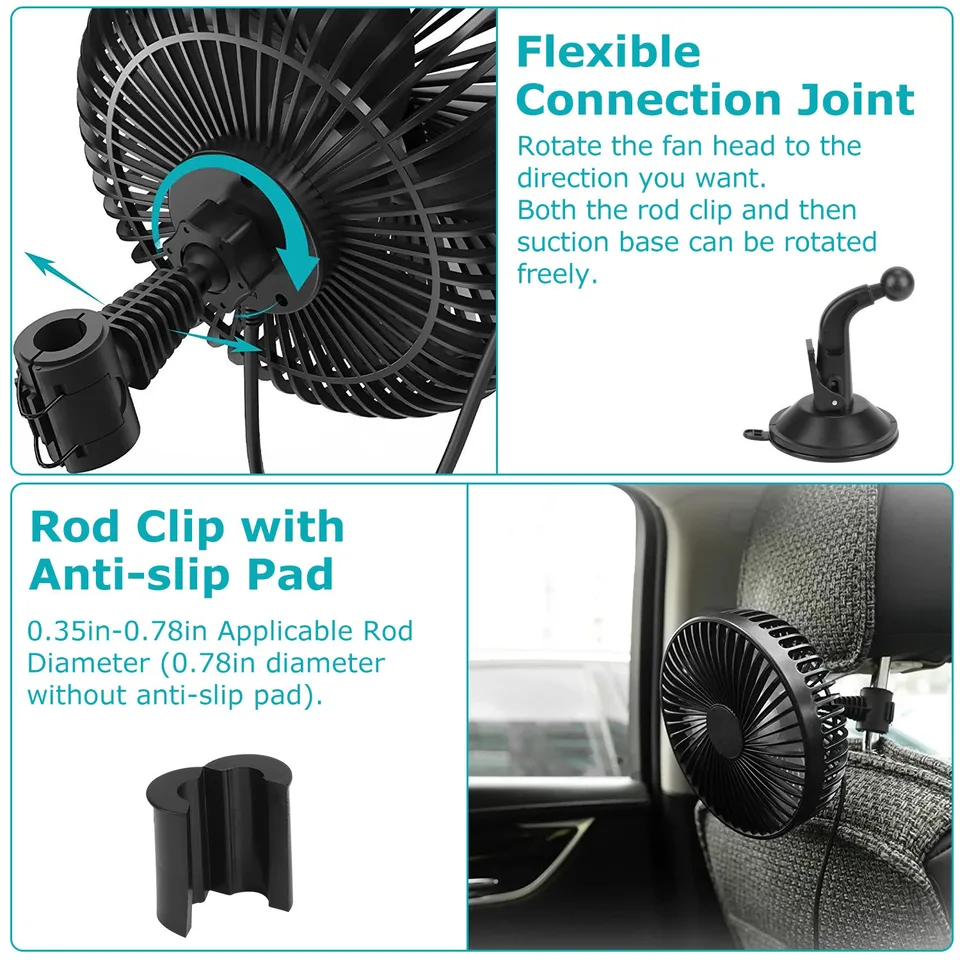 1Pc Car Cooling Fan Portable Rotatable USB Vehicle Fan Backseat Clip Fan Dashboard Window Suction Fan For SUV RV Pickup With 3 Speeds view 3