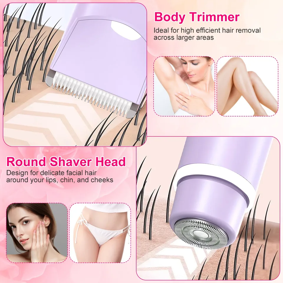 1Pc 2 In 1 Bikini Trimmer For Women Dual Head Cordless Body Shaver IPX5 Waterproof Rechargeable Pubic Hair Razor Wet And Dry Use For Bikini Underarm Leg Arm Body Face view 3