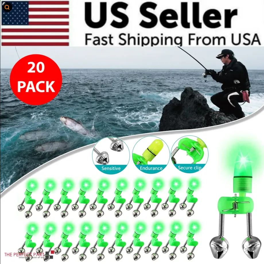 10 40 PC LED Night Fishing Bite Bait Alarm 2 Bells Light Rod Tip Clip Alert Ring view 3