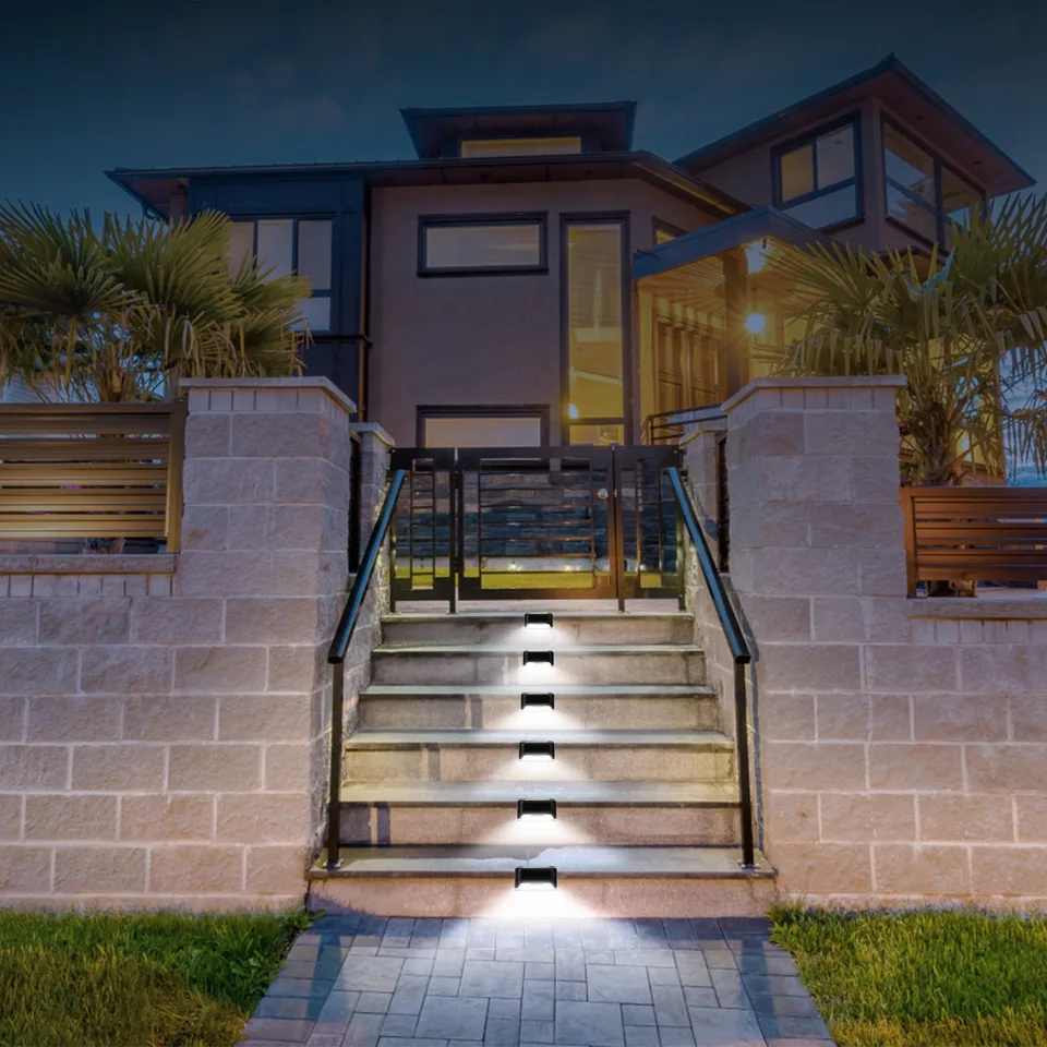 4 Pcs Solar Powered LED Step Lights Outdoor Water-Resistant Dusk To Dawn Sensor Fence Lamps For Stairs Yard Railing view 4