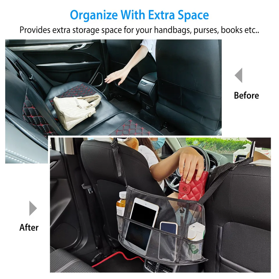 1Pc Car Net Pocket Handbag Holder Car Storage Netting Pouch Seat Side Storage Mesh Organizers Bag For Purse Phone Documents Barrier Pets Kids At Backseat view 2
