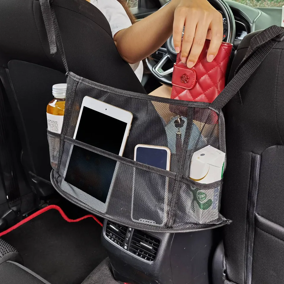 1Pc Car Net Pocket Handbag Holder Car Storage Netting Pouch Seat Side Storage Mesh Organizers Bag For Purse Phone Documents Barrier Pets Kids At Backseat view 4