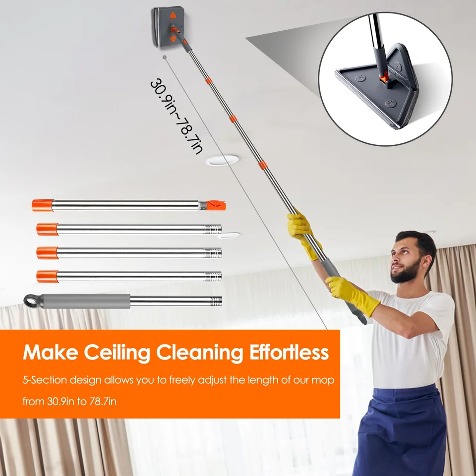 1 Set 2 In 1 Baseboard Cleaner Mop Wall Cleaner Mop With Squeegee Extendable Long Handle 8 Reusable Fiber Flannel Chenille Mop Pads 360 view 3