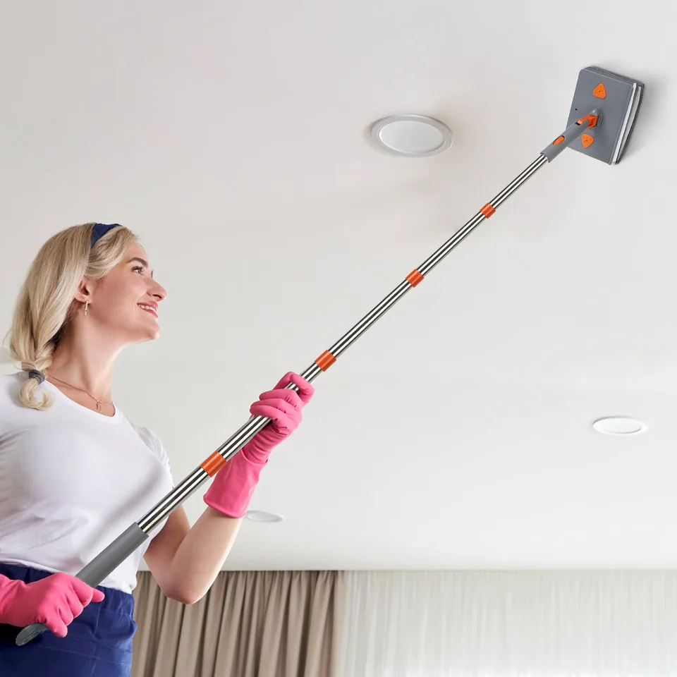 1 Set 2 In 1 Baseboard Cleaner Mop Wall Cleaner Mop With Squeegee Extendable Long Handle 8 Reusable Fiber Flannel Chenille Mop Pads 360 view 2