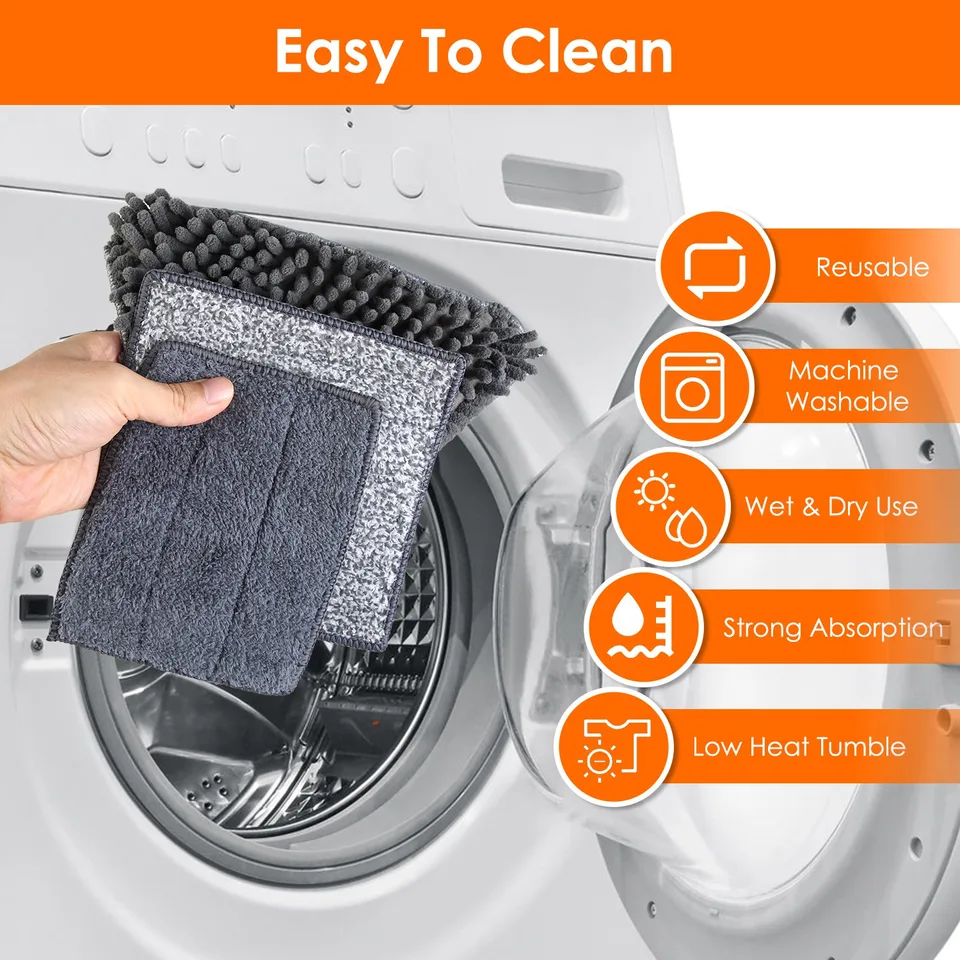 1 Set 2 In 1 Baseboard Cleaner Mop Wall Cleaner Mop With Squeegee Extendable Long Handle 8 Reusable Fiber Flannel Chenille Mop Pads 360 view 4