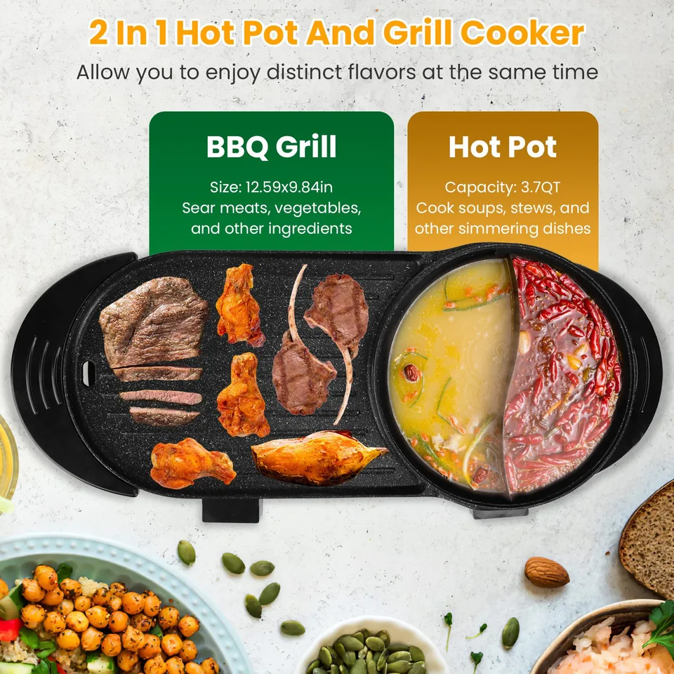 2200W 2 In 1 Electric Hot Pot With BBQ Grill Cooker Smokeless Non-Stick Korean BBQ Grill Shabu Shabu Hot Pot With Independent Temperature view 2