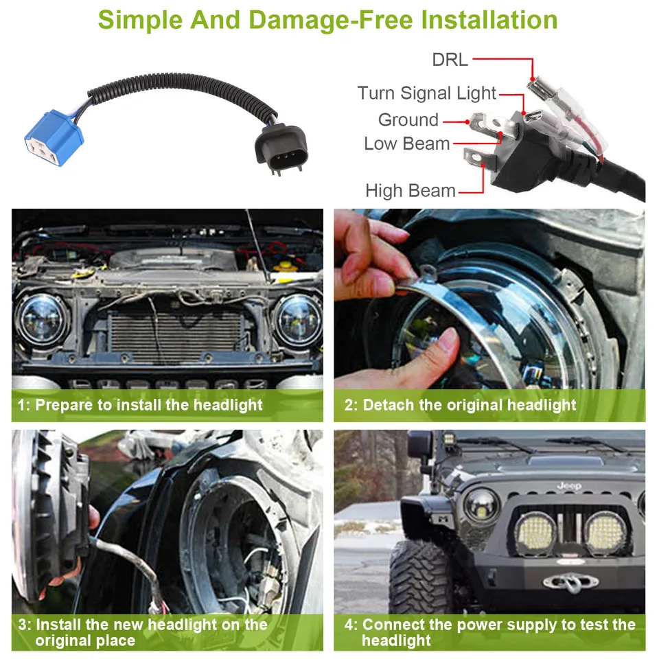 2Pc 7in 6000LM Round LED Headlight Halo Angel Eyes For Jeep Wrangler TJ JK CJ With H4 To H13 Adapter Plug And Play view 2