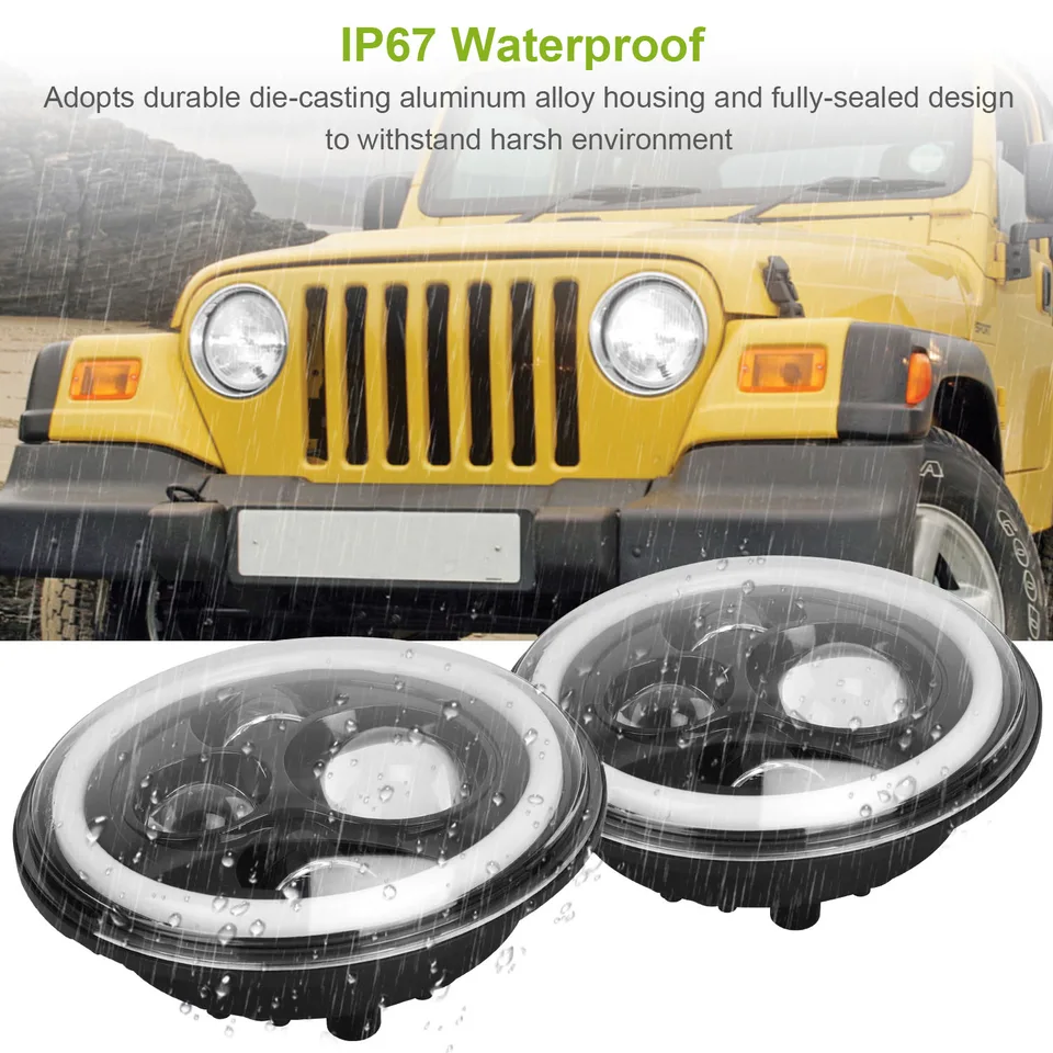 2Pc 7in 6000LM Round LED Headlight Halo Angel Eyes For Jeep Wrangler TJ JK CJ With H4 To H13 Adapter Plug And Play view 3
