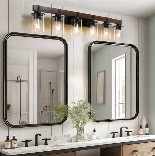 42 Inch Rustic 6-Light Vanity Light, Industrial Bathroom Wall Sconce With Glass Shades And Wood Accent, Modern Farmhouse Lighting Fixture No view 4