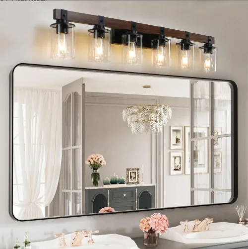 42 Inch Rustic 6-Light Vanity Light, Industrial Bathroom Wall Sconce With Glass Shades And Wood Accent, Modern Farmhouse Lighting Fixture No view 3