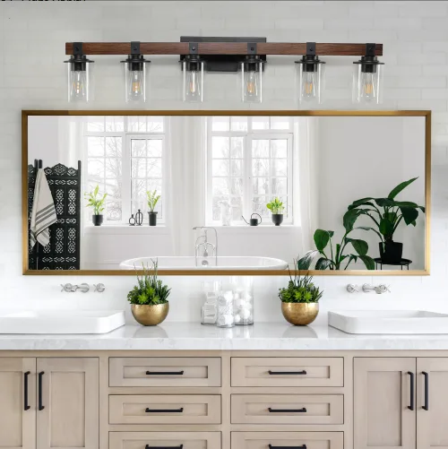 42 Inch Rustic 6-Light Vanity Light, Industrial Bathroom Wall Sconce With Glass Shades And Wood Accent, Modern Farmhouse Lighting Fixture No view 2