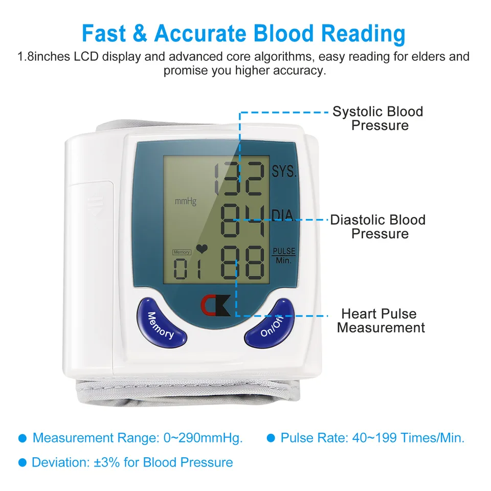 1Pc Blood Pressure Monitor Wrist Digital High Blood Pressure Cuff Heartbeat Tester With 60 Reading Memory 1.8 Inches LCD Screen Storage Box view 3