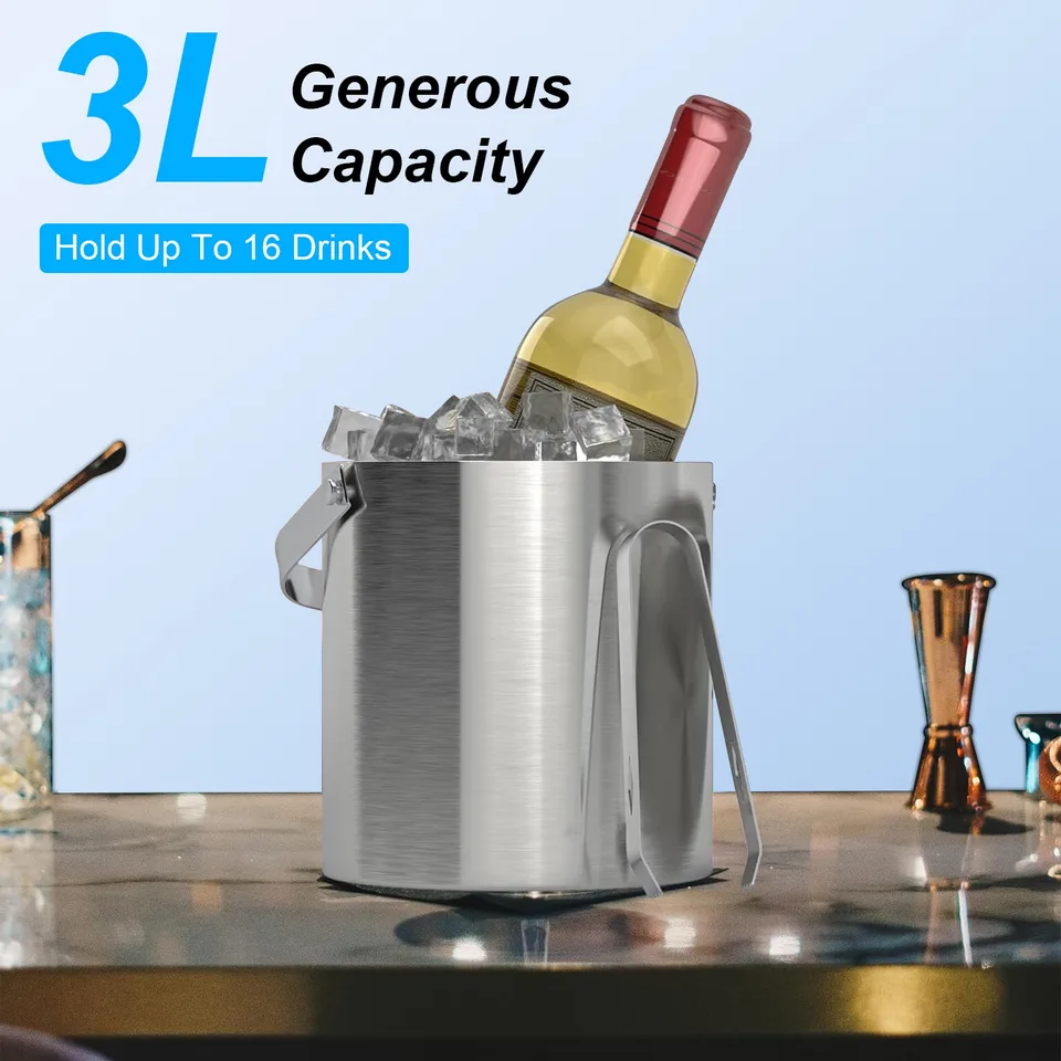 1 Set Double Wall Stainless Steel Insulated Ice Bucket 3L Ice Holder Ice Container With Lid Scoop Strainer Handle For Wine Champagne Beer view 2