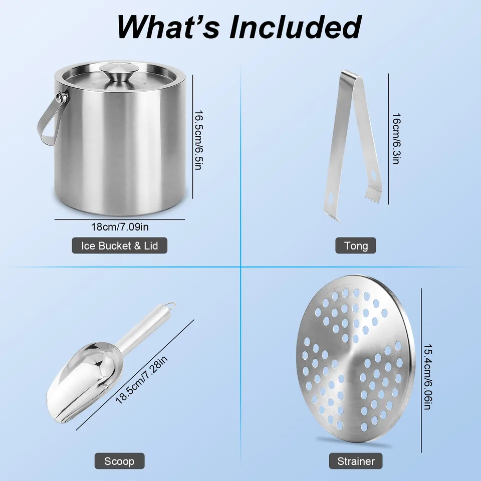1 Set Double Wall Stainless Steel Insulated Ice Bucket 3L Ice Holder Ice Container With Lid Scoop Strainer Handle For Wine Champagne Beer view 4