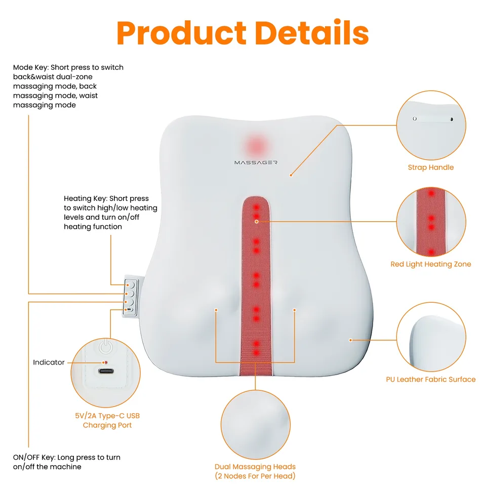 1 Set  Shiatsu Back Massager 3D Deep Tissue Kneading Massage Pillow Cordless USB Rechargeable With 3 Massaging Modes 2 Heating Levels 10Mins Auto-Off For Back Shoulder Waist Lumbar No Chair