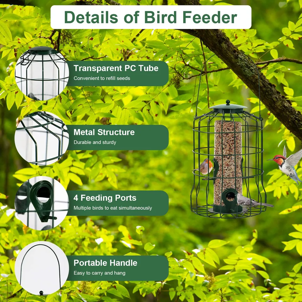 1Pc Outdoor Wild Bird Feeder Squirrel-Proof Chew-Proof Metal Hanging Seed Feeder With 4 Feeding Port For Small Songbirds view 2