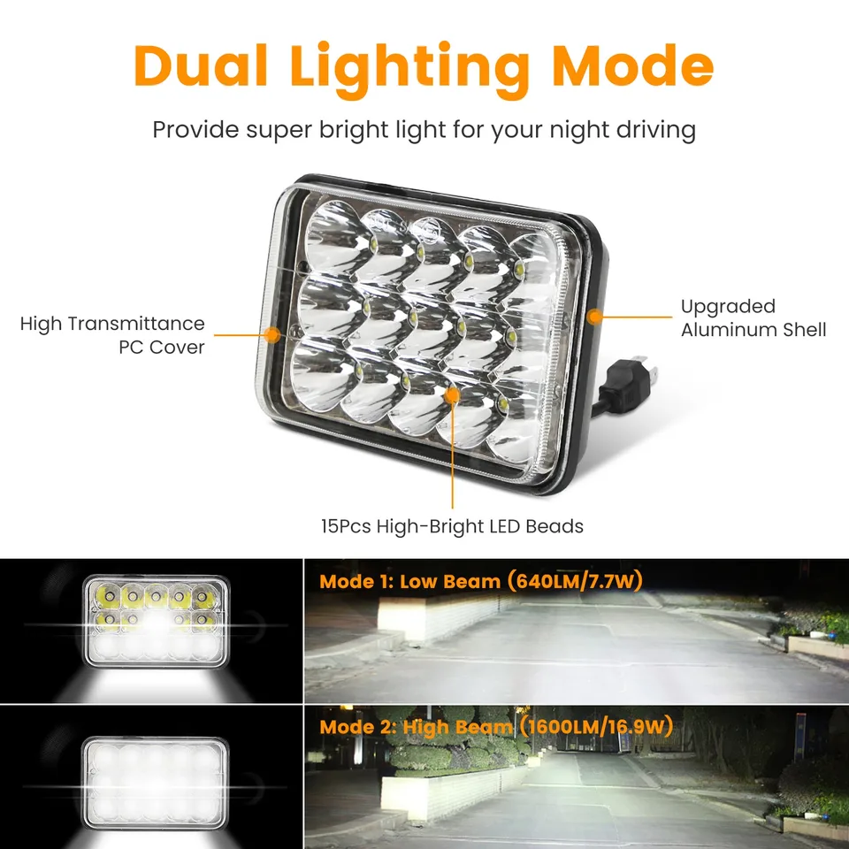 2Pcs 4x6in Car LED Headlights Vehicle Rectangular Headlamp With H4 Socket H4-to-3Pins Adapter With High Low Beam White Light IP68 Waterproof For 10-80V SUV Truck Sedan Car Motorcycle view 2