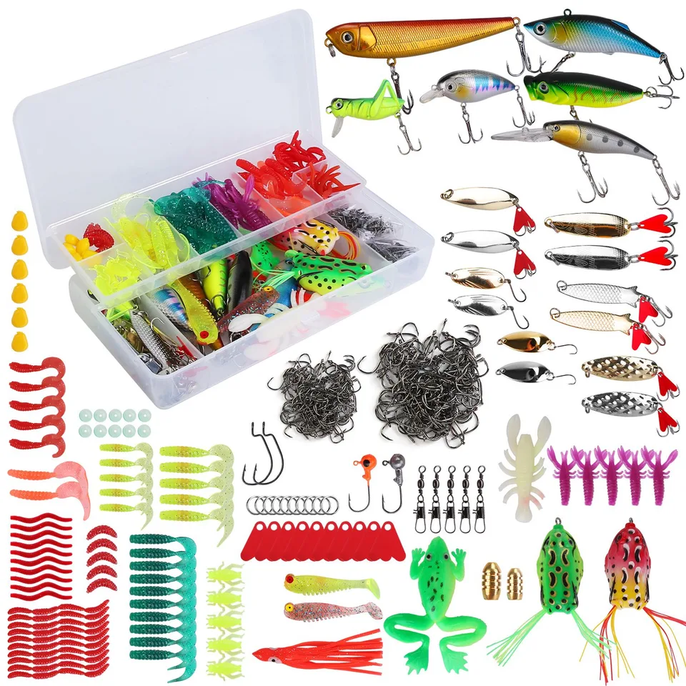 375Pcs Fishing Baits And Tackle Box Saltwater Freshwater Fishing Lures Kit Lifelike Popper Crankbaits Crickets Frogs Spoon Lures Maggots view 2