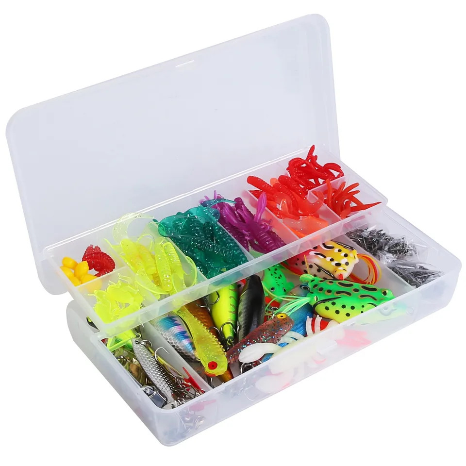 375Pcs Fishing Baits And Tackle Box Saltwater Freshwater Fishing Lures Kit Lifelike Popper Crankbaits Crickets Frogs Spoon Lures Maggots view 3
