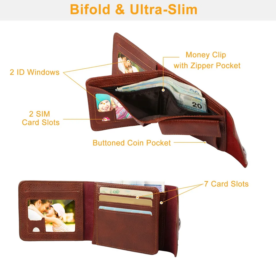 1Pc Men  Wallet PU Leather Purse Slim Card Holder Cases With 2 ID Window Coin Pocket view 3