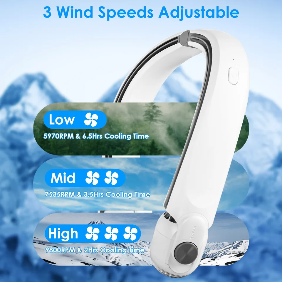 White-Green Options -- 1 Pc Portable Neck Hanging Fan Hands-free Cooling Personal Fan With 3 Speeds 360 Degree Air Flow Adjustable Neck view 3