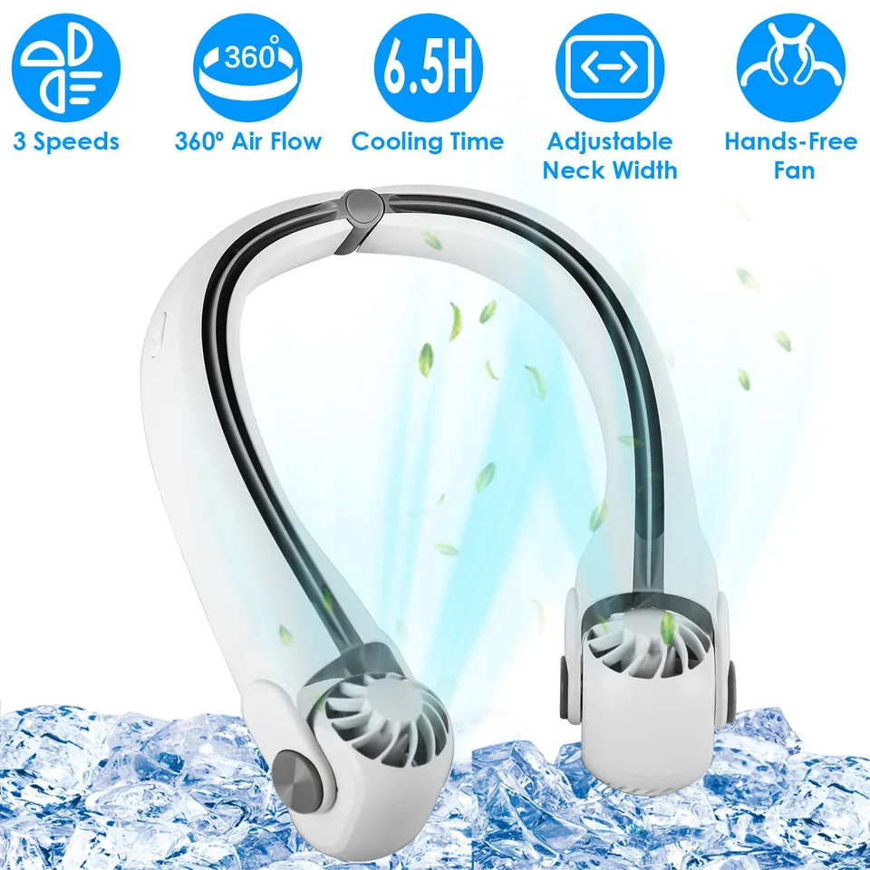 White-Green Options -- 1 Pc Portable Neck Hanging Fan Hands-free Cooling Personal Fan With 3 Speeds 360 Degree Air Flow Adjustable Neck view 2