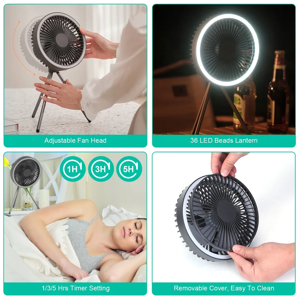 Camping Fan With Lantern Rechargeable Battery Powered Portable Tripod Fan For Tent With Hanging Hook Carabiner Emergency Power Bank Desk Fan view 4