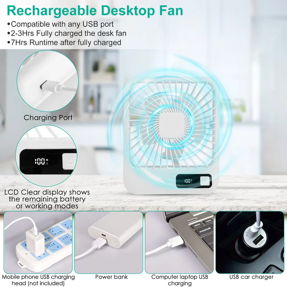 3 Colors Options -- 1 Pc Mini Desktop Cooling Fan Rechargeable Battery Powered Personal Fan Speed Adjustment Strong Airflow Quiet Travel Fan view 3