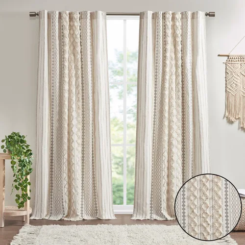 Cotton Printed Curtain Panel With Chenille Stripe And Lining Ivory 50x84 view 4