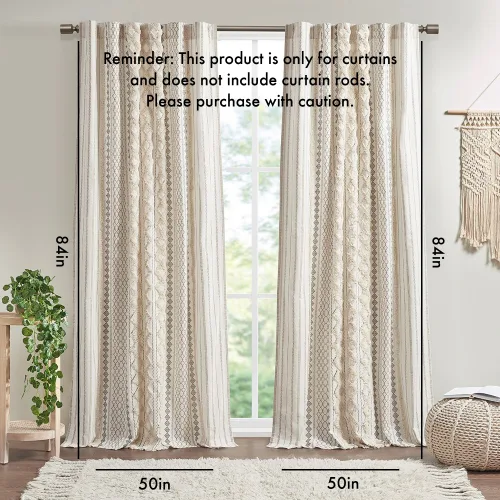 Cotton Printed Curtain Panel With Chenille Stripe And Lining Ivory 50x84 view 2