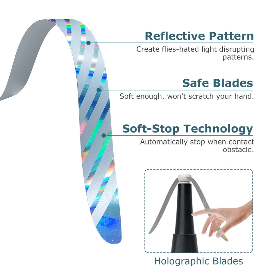 2 Pack Portable Reflective Fly Repellent Fan Rechargeable Battery Powered Table Food Fly Trap With Pattern Soft-Stop Blade Hanging Hook view 3