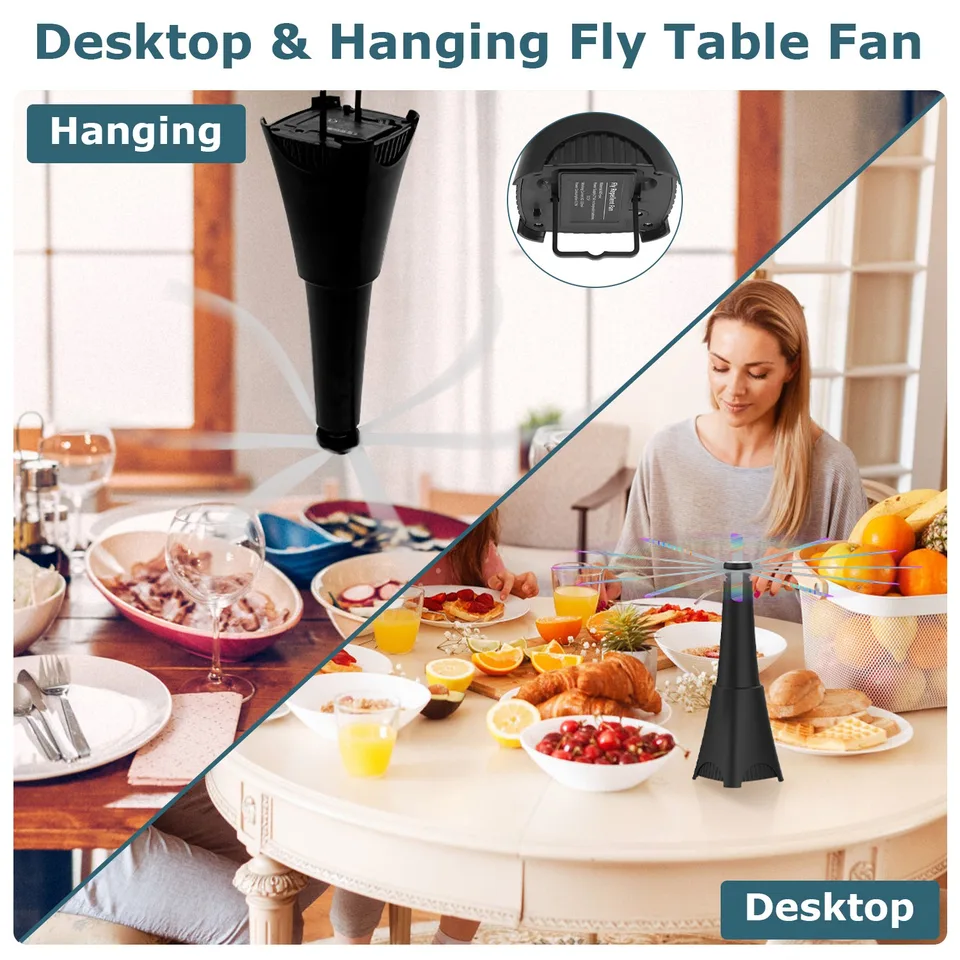 2 Pack Portable Reflective Fly Repellent Fan Rechargeable Battery Powered Table Food Fly Trap With Pattern Soft-Stop Blade Hanging Hook view 2