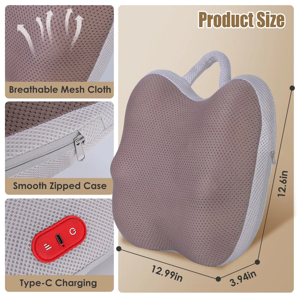 1Pc Shiatsu Back And Waist Massager With Heat Cordless Rechargeable Kneading Lower Back Massage Pillow Portable Lumbar Massager For Home Car Office view 2