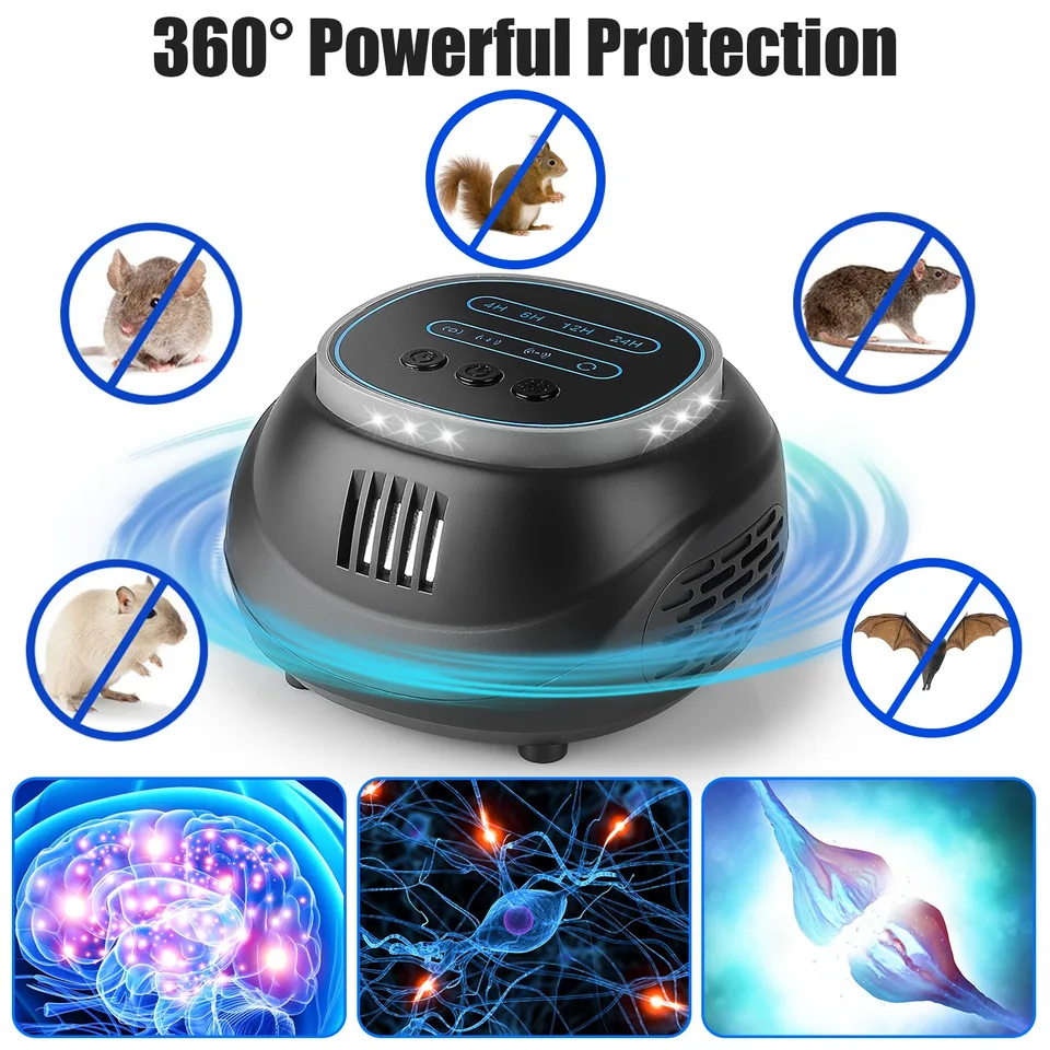 1 Pc Ultrasonic Rodent Chaser Rat Repellent Pest Driver Mouse Control Squirrel Repeller With 4 Modes 4-65KHz Strobe Light 4 Timer 1292sq.ft. view 2