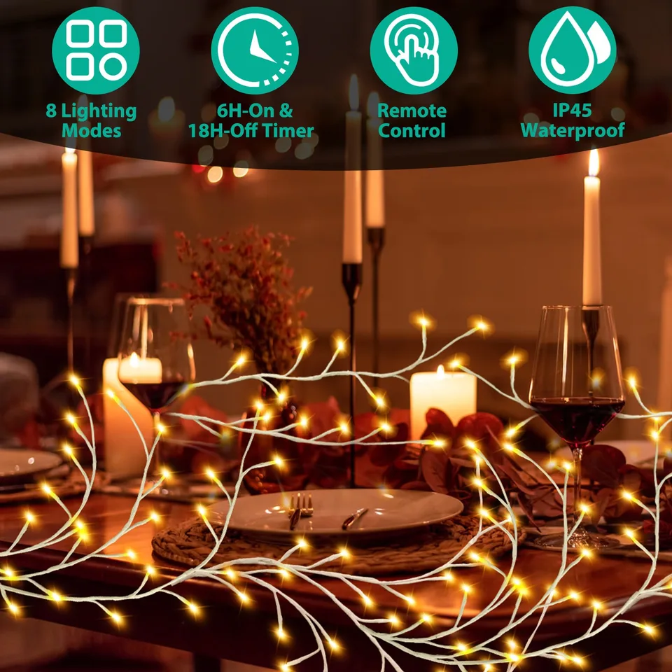 1Pc 7.87FT Lighted Birch Garland Lighted Twig Vine Lights 144LED Birch Garland With Lights String Light With Timer 8 Modes IP45 Waterproof For Christmas Fireplace Home Decoration
