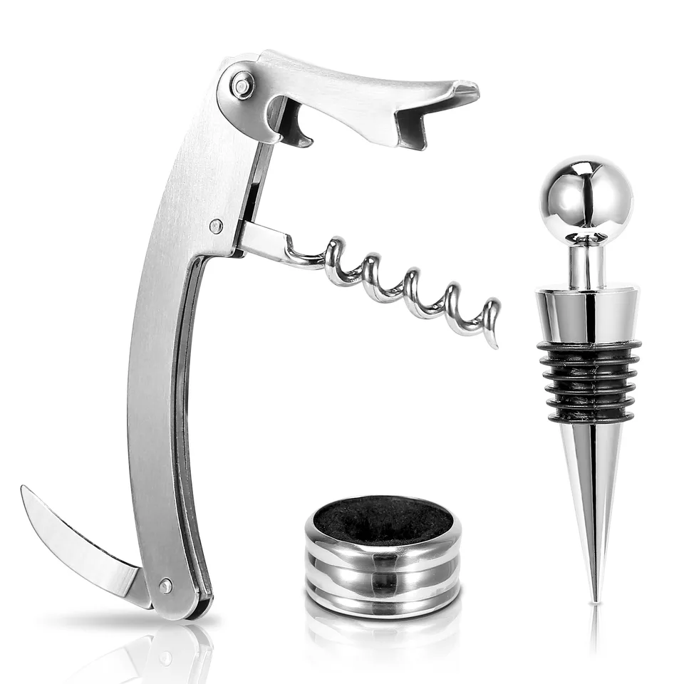 3 Pcs Corkscrew Bottle Opener Set Tool Foil Cutter Drip Collar Protector Cork Stopper Wine Bottle Cap Opener view 3