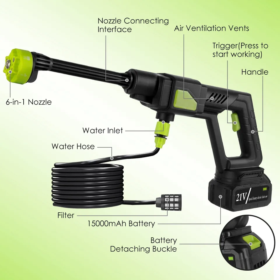 1Set Cordless Pressure Washer For Garden Portable Electric Power Washer High Pressure Water Sprayer 435PSI Car Washer Cleaner With 6 In 1 Nozzle Foam Bottle Filter 15000mAh 21V Battery And Charger view 4