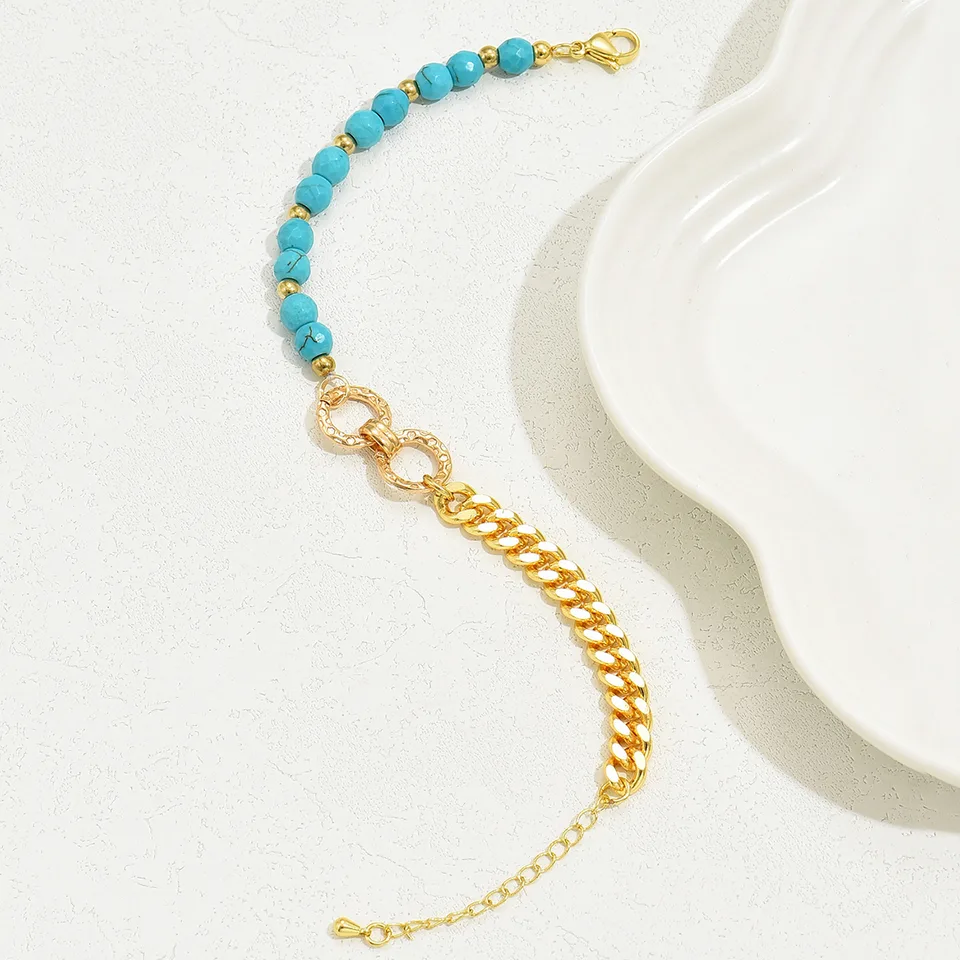 A Creative And Luxurious Instagram Style Double Ring Turquoise Multi Chain Mixed Bead Bracelet For Women's Vacation And Date Gifts view 3