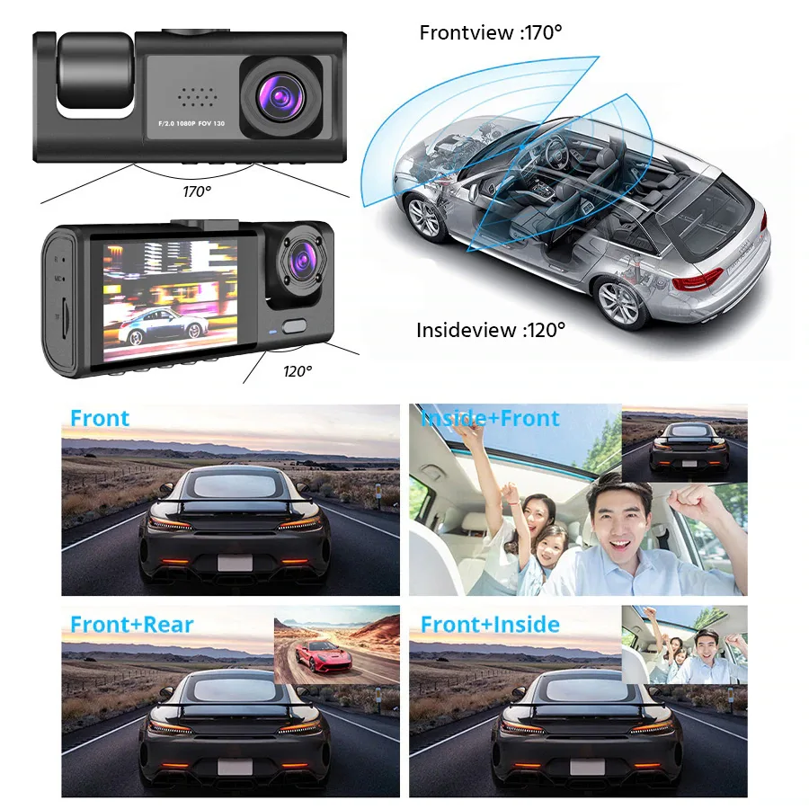 Car Dual Lens Dash Cam HD 1080P Front Rear Inside Video Recorder Camera G-Sensor view 4