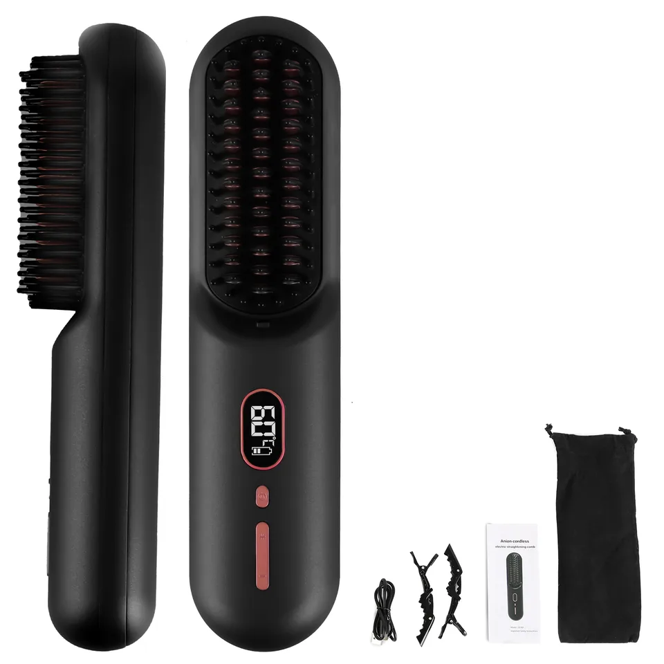 Grey-Black Options -- 1Pc Cordless Negative Ion Hair Straightener Brush Rechargeable Mini Styling Comb With 12 Heating Levels Anti-scald 30S Preheating 30Mins Auto Sleep LCD Display view 4