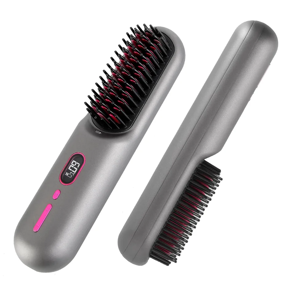 Grey-Black Options -- 1Pc Cordless Negative Ion Hair Straightener Brush Rechargeable Mini Styling Comb With 12 Heating Levels Anti-scald 30S Preheating 30Mins Auto Sleep LCD Display view 2