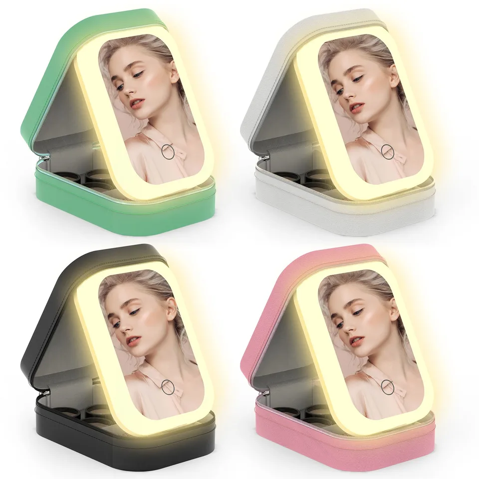 1Pc Portable Travel Makeup Bag With LED Mirror Rechargeable Beauty Mirror With 3 Color Light Dimmable Brightness Waterproof Cosmetic Bag With 4 Compartments Ideal Gift For Women Valentines Day Gift